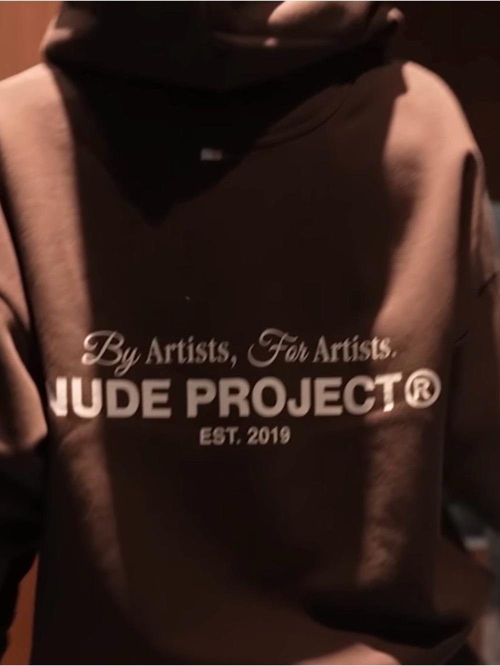 NUDE PROJECT® Brown Logo Hoodie — White Text Graphic